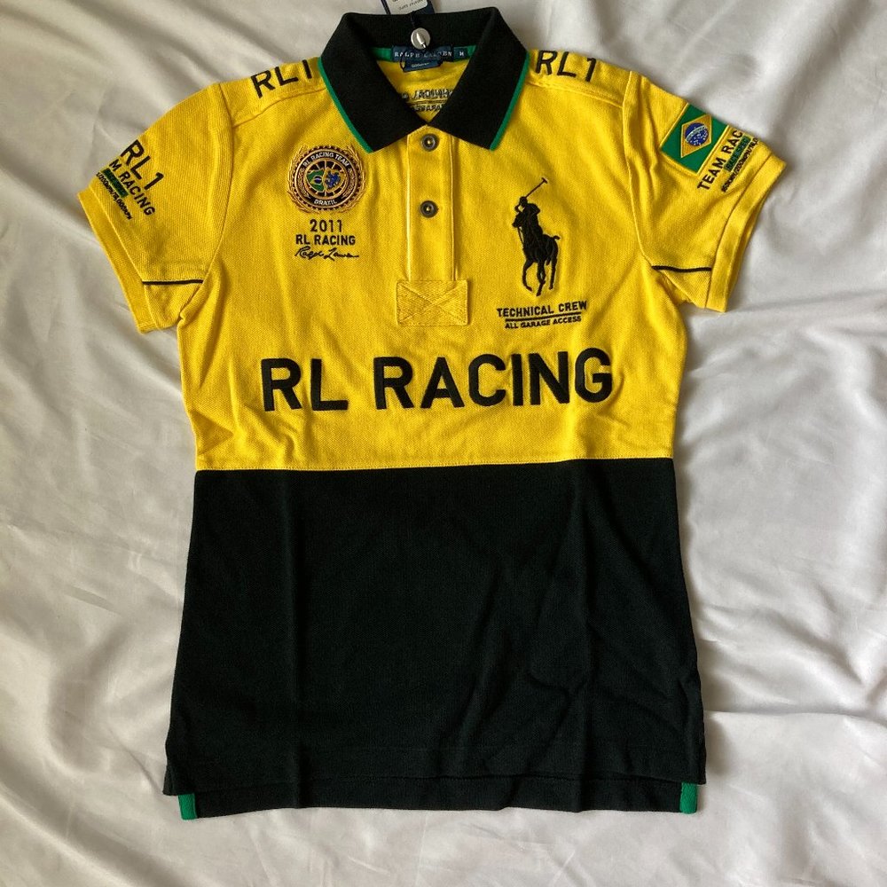 NWT Ralph Lauren RL Racing Team Techical Crew Brazil Polo Shirt Yellow Black Med